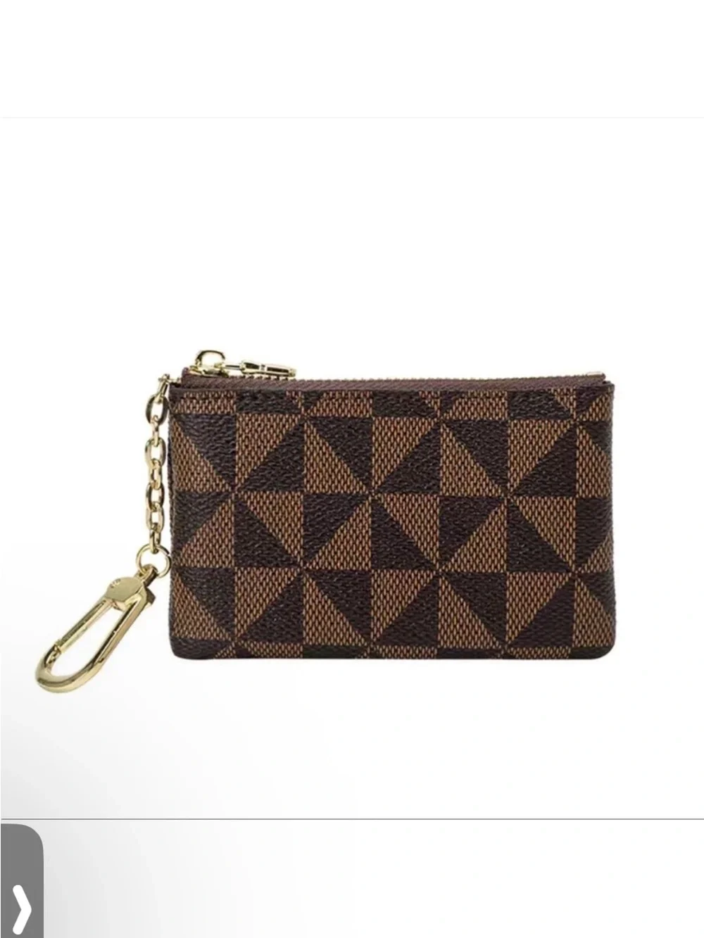 Brown Geometric Pattern Coin Pouch with Goldtone Keychain